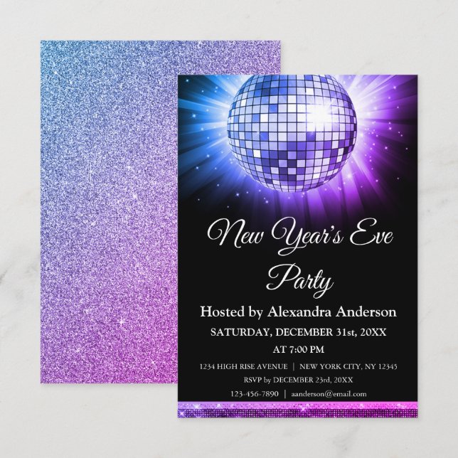 Invitación Nochevieja Fiesta Purple Disco Ball (Anverso / Reverso)
