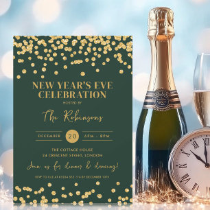 Invitación Nochevieja Fiesta Purpurina de oro Confetti Green