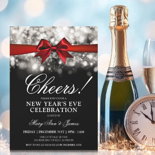Invitación Nochevieja Fiesta Silver Sparkle Luces Red Bow