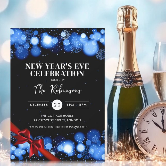 Invitación Nochevieja marina invierno negro maravillarse de r (New Years Eve Navy Black Winter Wonder Red Bow Invitation)
