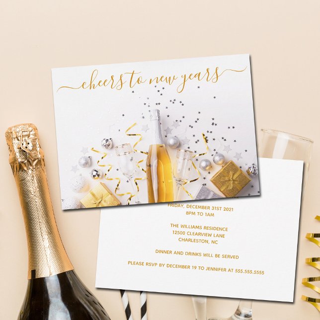 Invitación Nochevieja Moda Oro Champagne Streamers Fiesta (Subido por el creador)