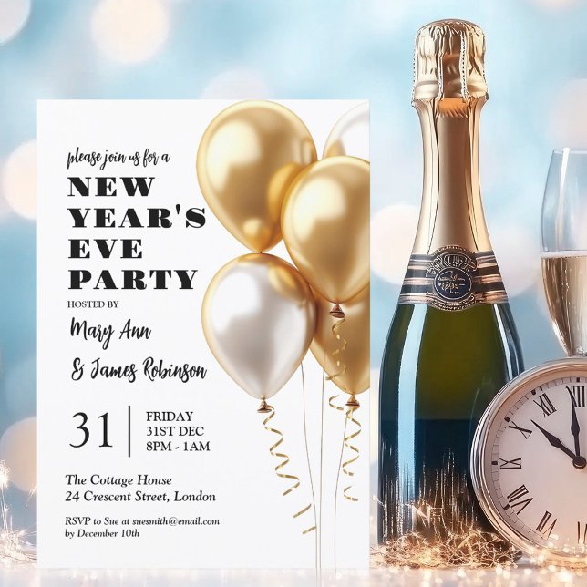 Invitación Nochevieja MODERNA Celebración de Globos de Oro (MODERN New Years Eve Celebration Gold Balloons Invitation)