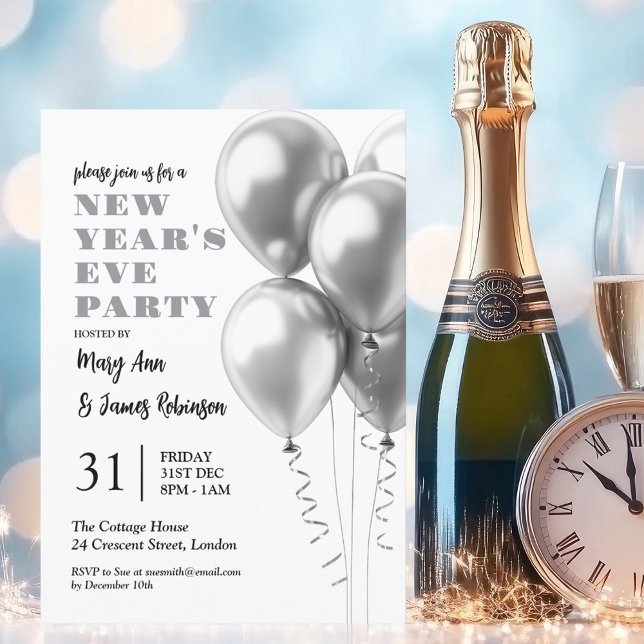 Invitación Nochevieja MODERNA Celebración de Globos Plateados (MODERN New Years Eve Celebration Silver Balloons Invitation)