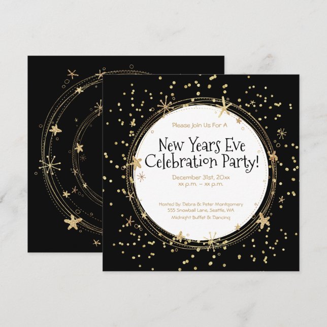 Invitación Nochevieja, oro, negro, Fiesta (Anverso / Reverso)