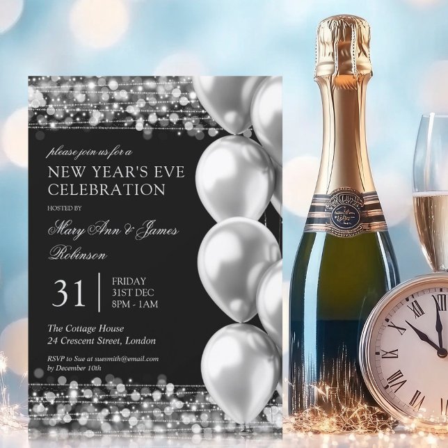 Invitación Nochevieja Plata De Años Nuevos Luces Globos (New Years Eve Silver Shimmering Lights Balloons Invitation)