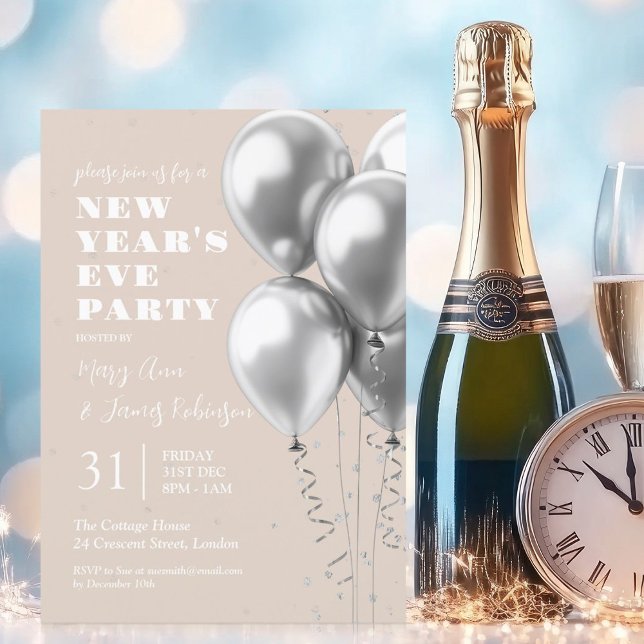 Invitación Nochevieja Plata Globos de Confetti Champagne (New Years Eve Silver Confetti Balloons Champagne Invitation)