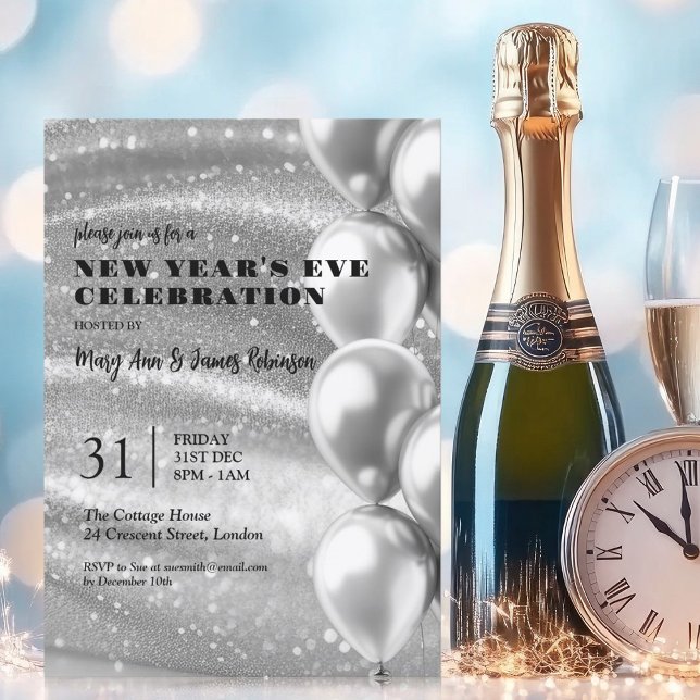 Invitación Nochevieja plateada secuenciación de globos (New Years Eve Silver Shimmering Sequins Balloons Invitation)