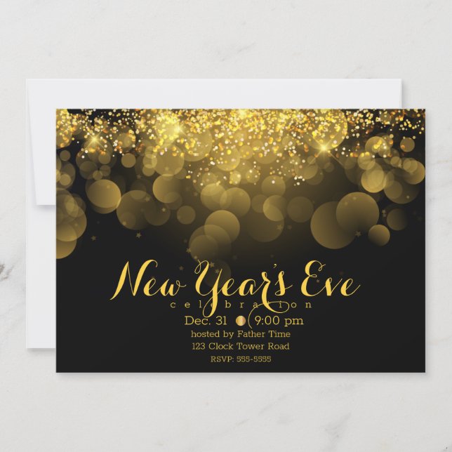 Invitación Nochevieja Purpurina de oro (Anverso)