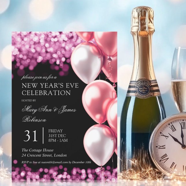 Invitación Nochevieja Rosa Oro Shimmer ilumina globos (New Years Eve Rose Gold Shimmer Lights Balloons Invitation)