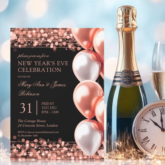 Invitación Nochevieja Rosa Oro Shimmering Luces Globos (New Years Eve Rose Gold Shimmering Lights Balloons Invitation)