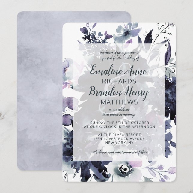 Invitación Nocturna acuarela floral Boda azul turbio (Anverso / Reverso)