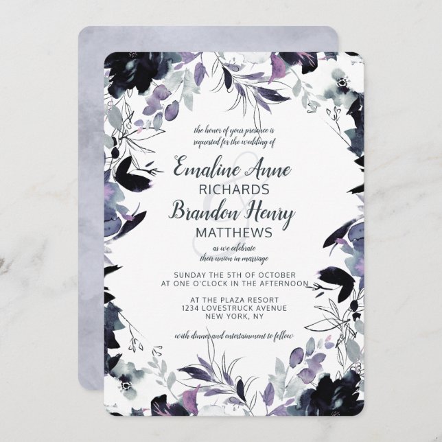 Invitación Nocturna Boda de la Marina Floral Dusty Blue Borde (Anverso / Reverso)