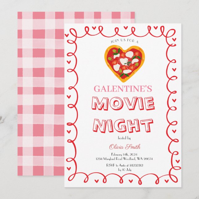Invitación nocturna de cine retro de Galentine (Anverso / Reverso)