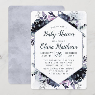 Invitación Nocturna Marina Floral Azul y Gris Niña Ducha