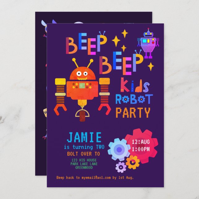 Invitación NOEON ROBOT 2.º cumpleaños Fiesta Chica Gracioso (Anverso / Reverso)