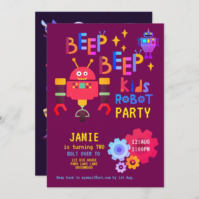 Invitación NOEON ROBOT 2.º cumpleaños Fiesta Chica Gracioso (Anverso / Reverso)