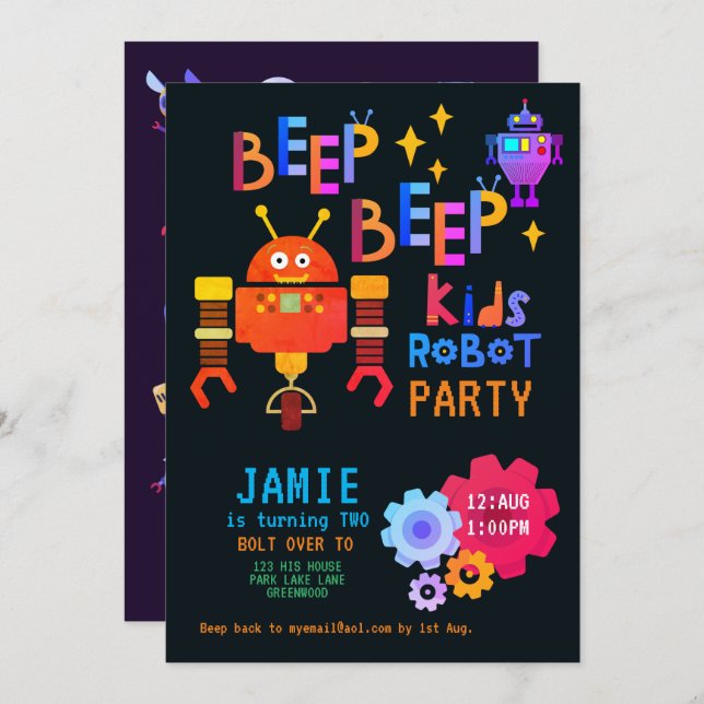 Invitación NOEON ROBOT 2.º cumpleaños Fiesta Chica Gracioso (Anverso / Reverso)