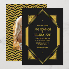 Invitación Noir & Champagne Gold Art Deco Wedding Photo