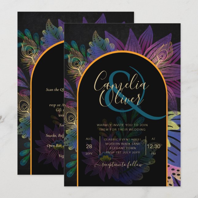 Invitación Noir Peacock Jewel Tones Boda Floral (Anverso / Reverso)