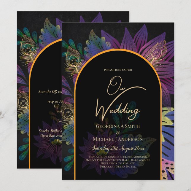 Invitación Noir Peacock Jewel Tones Boda Floral (Anverso / Reverso)