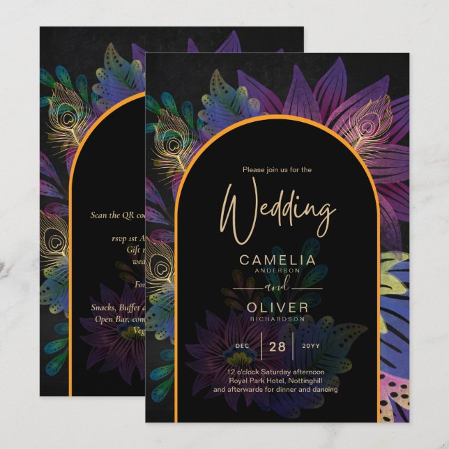 Invitación Noir Peacock Jewel Tones Boda Floral (Anverso / Reverso)