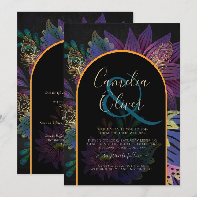 Invitación Noir Peacock Jewel Tones Boda Floral (Anverso / Reverso)