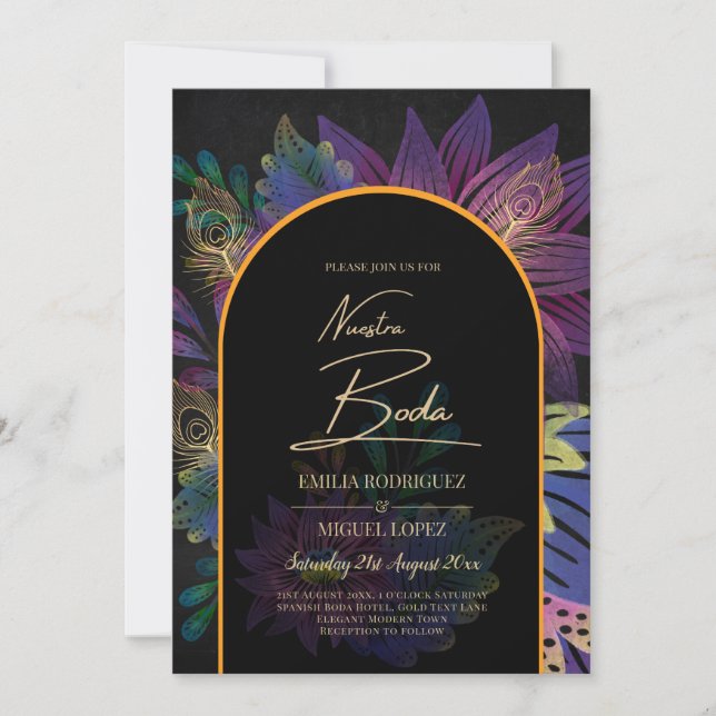 Invitación Noir Peacock Jewel Tones Boda Floral (Anverso)