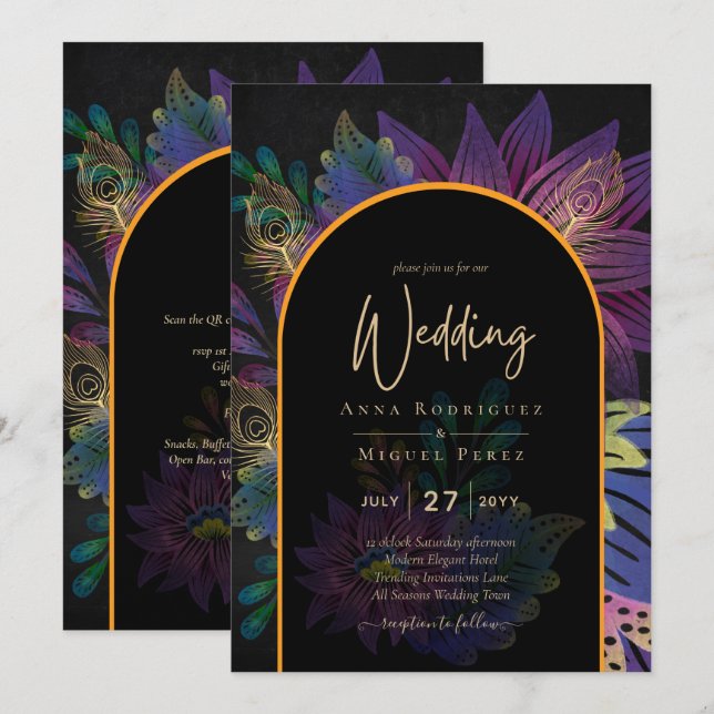 Invitación Noir Peacock Jewel Tones Boda Floral (Anverso / Reverso)