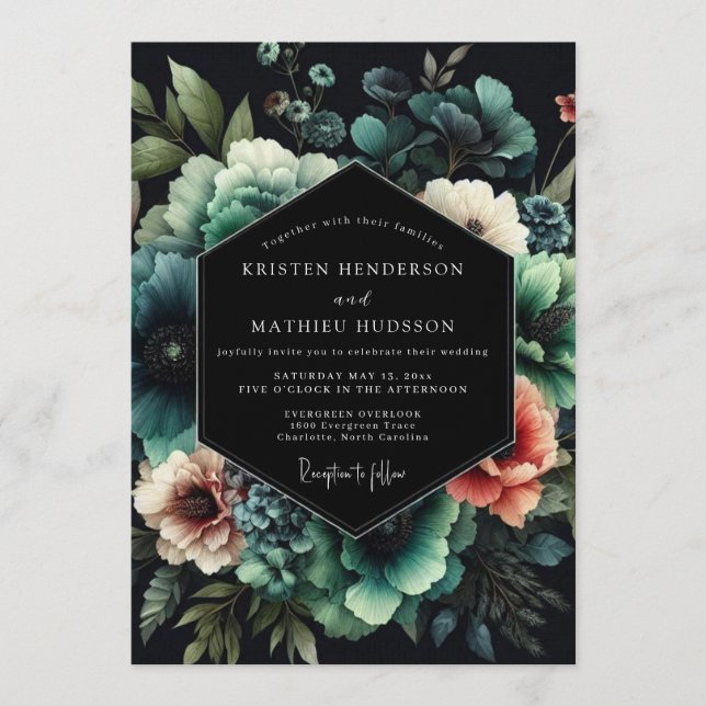 Invitación Noir Teal Bloom Wedding (Anverso)