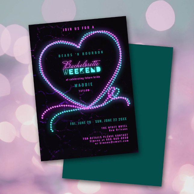 Invitación Nola Beads Bourbon Neon Heart Bachelorette Weekend (Subido por el creador)