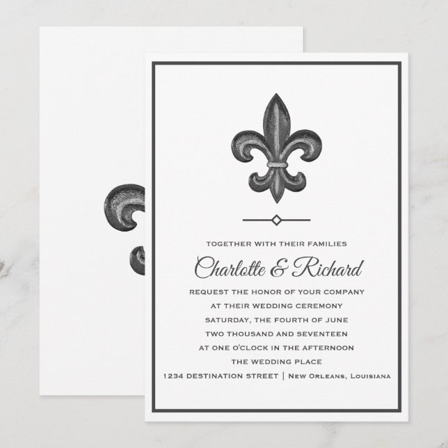 Invitación Nola Grey & White Fleur De Lis Boda (Anverso / Reverso)