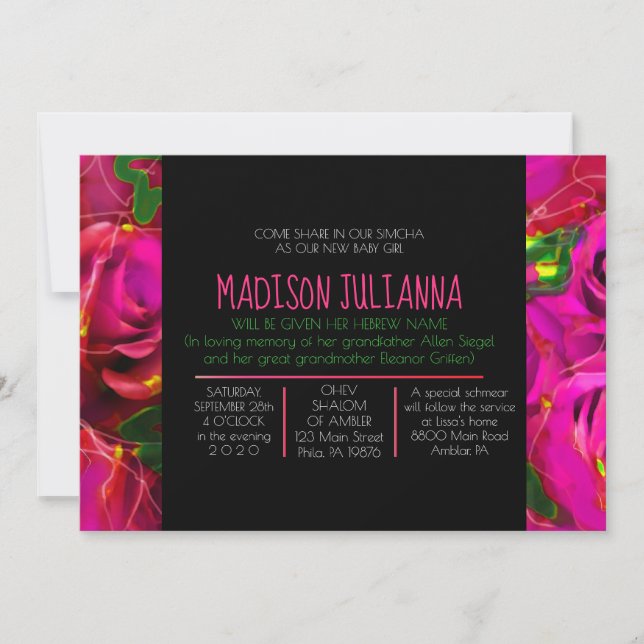 Invitación Nombramiento judío DE NEÓN del bebé de los ROSAS (Anverso)