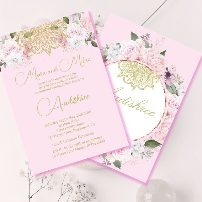 Invitación Nombrar bebé Hindu Namkaran Ceremonia Floral rosa (Subido por el creador)