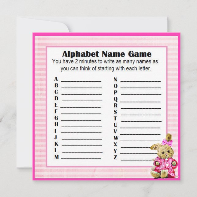 Invitación Nombre de alfabeto de Baby Shower y juego de bingo (Anverso)