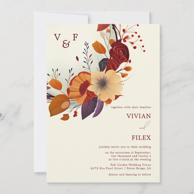 Invitación Nombre de flor silvestre Boda de otoño inicial (Anverso)