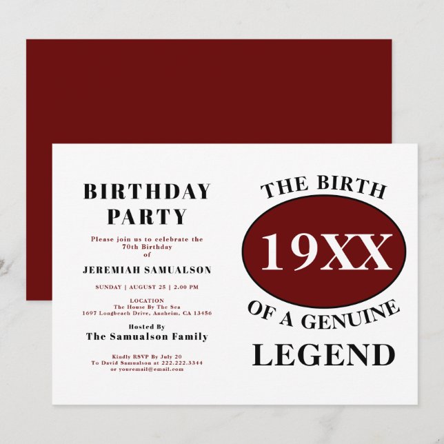 Invitación Nombre de la leyenda de cumpleaños Año Humor Cumpl (Anverso / Reverso)