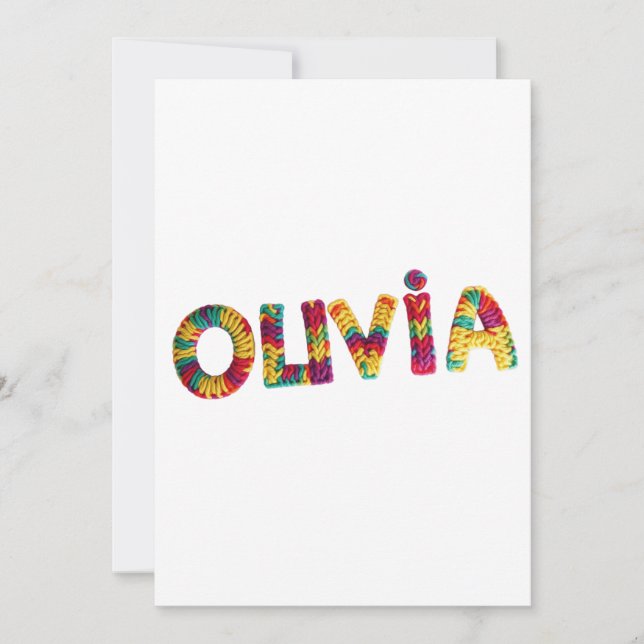 Invitación Nombre de Olivia en el patrón de crochet vibrante (Anverso)