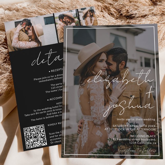 Invitación Nombre guión marco negro 4 foto todo en 1 boda (Subido por el creador)