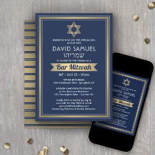 Invitación Nombre Hebreo Bar Mitzvah Azul Marino Blanco y Dor
