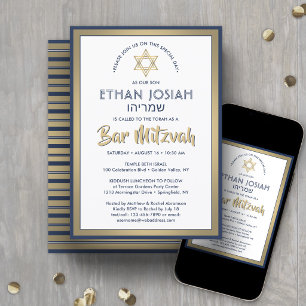 Invitación Nombre Hebreo Bar Mitzvah Elegante Oro Blanco y Az