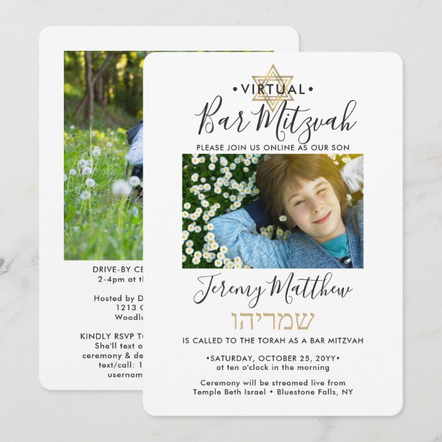 Invitación Nombre hebreo Bar virtual Mitzvah 2 Photo Gold (Anverso / Reverso)