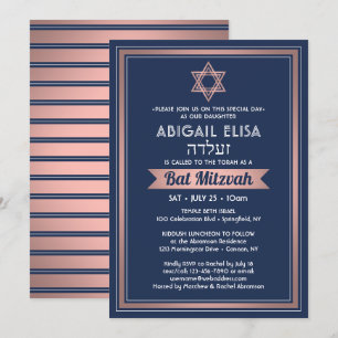 Invitación Nombre Hebreo Bat Mitzvah Azul Marino Rosa Oro Ros