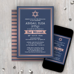 Invitación Nombre Hebreo Bat Mitzvah Azul Marino Rosa Oro Ros