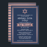 Invitación Nombre hebreo Bat Mitzvah Marina Rosa Azul Oro<br><div class="desc">Invitar a la familia y amigos a una elegante ceremonia de mitzvah del murciélago y celebración por ella con esta invitación de oro azul marino, blanco y rosa rosado. Todo el texto es sencillo para el personalizar, por lo que puede incluir cualquier texto con respecto al servicio, lectura de Torah...</div>