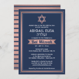 Invitación Nombre hebreo Bat Mitzvah Marina Rosa Azul Oro