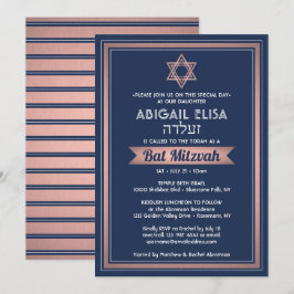 Invitación Nombre hebreo Bat Mitzvah Marina Rosa Azul Oro