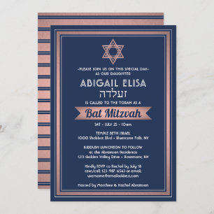 Invitación Nombre hebreo Bat Mitzvah Marina Rosa Azul Oro