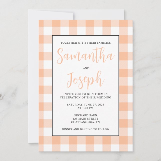 Invitación Nombre moderno Peach Gingham Country Wedding (Anverso)