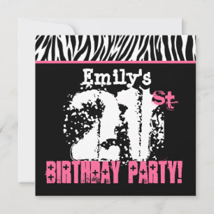 Invitación Nombre personalizado Black White Pink Zebra 21 cum