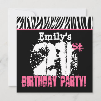 Invitación Nombre personalizado Black White Pink Zebra 21 cum